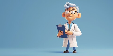 3d render. Cartoon doctor character holds clipboard. Clip art isolated on blue background. Professional consultation. Medical concept, Generative AI - obrazy, fototapety, plakaty
