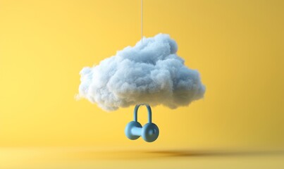 3d render, blue heavy weight is hanging under the levitating cloud, isolated on yellow background. Modern minimal scene. Abstract paradox metaphor, Generative AI - obrazy, fototapety, plakaty