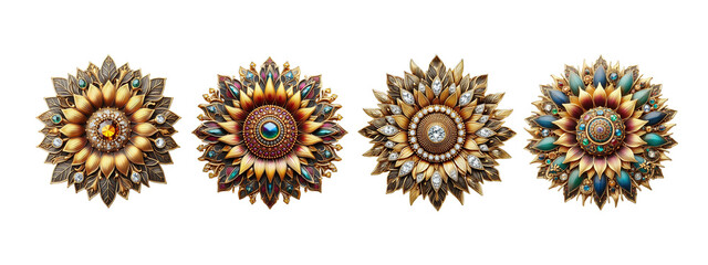 Sunflower brooch old fashion made of gold with intricate design set transparent background PNG