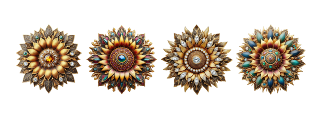 Sunflower brooch old fashion made of gold with intricate design set transparent background PNG