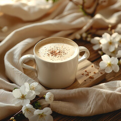 A cup of coffee with milk and spring flowers on textile fabric in pastel colors.
