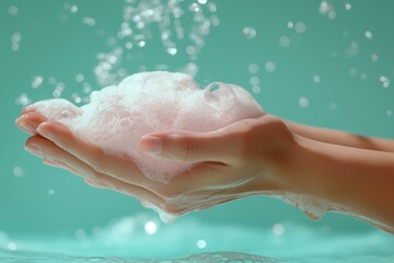 Womans hands cradles a mound of fluffy white soap foam against a turquoise background