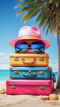 Prepared For Adventure, Three Colorful Suitcases Next To The Palm Trees