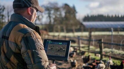 Farmer reviewing drone footage on a large monitor, assessing the ventilation efficiency in different sections of the farm