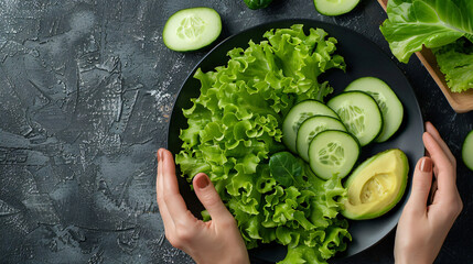 Avocado lettuce cucumber green on a black plate - Powered by Adobe