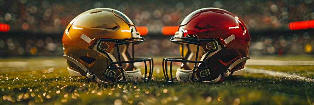 two clean football helmets facing each other