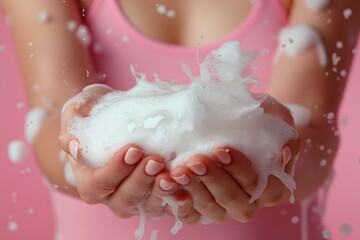 Hands cupping sudsy foam against a pink backdrop, highlighting hygiene with a playful touch