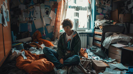 Teenager Sitting on Bed in Messy Room