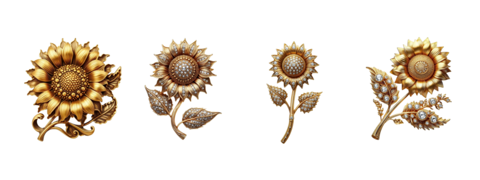 Sunflower brooch old fashion made of gold with intricate design set transparent background PNG