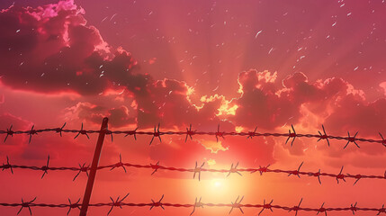 Barbed wire on sunset sky - obrazy, fototapety, plakaty