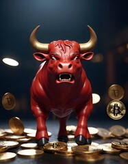 A snarling red bull stands amidst a shower of Bitcoin coins, epitomizing a surge in cryptocurrency. The golden glow of coins enhances the concept of a lucrative market. AI Generative