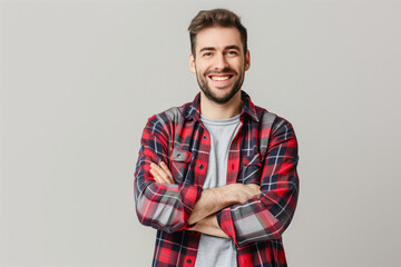 Confident and Casual: Waist-Up Portrait of a Smiling Young Man in a Fashionable Red Plaid Shirt with Arms Crossed