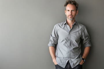 Obraz premium Suave and Professional: Confident Male Entrepreneur in Grey Shirt Against a Monochrome Office Backdrop