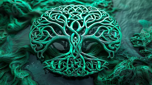 the Celtic symbol of the Tree of Life and Death, rendered in a bright emerald color. The intricate designs incorporate roots, branches, leaves, and knots, representing the interconnectedness