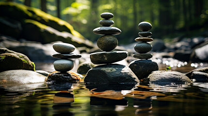 Zen Stones Balance in Tranquil Forest Stream, Meditation Scene, created with Generative AI technology
