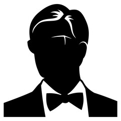 Silhouette of man head in sunglasses and classic suit with bow tie, spy. For avatars, user profiles. Designed to good fit in square and circle. Vector clipart isolated on white.