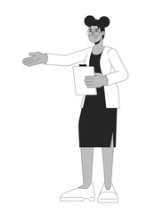 African-american woman office worker black and white 2D line cartoon character. Female employee pointing isolated vector outline person. Teacher hand outstretched monochromatic flat spot illustration