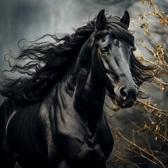 Noble Black Stallion Portrait in Bridle, Equestrian Elegance, created with Generative AI technology