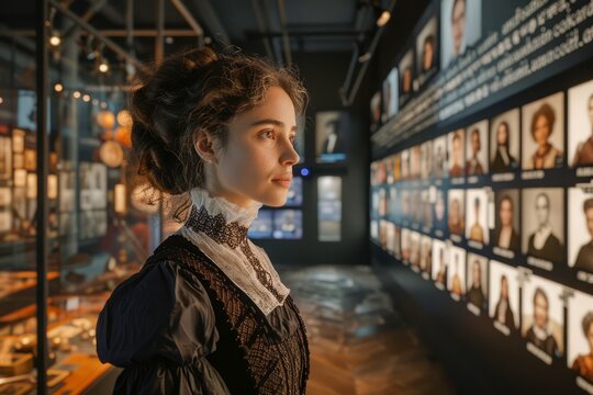 Young Woman in Vintage Dress Exploring Historical Museum Exhibition - 19th Century Fashion and Culture Experience