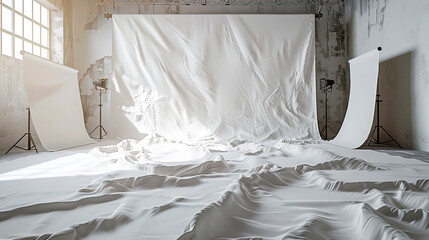 Serene White Drapery and Sunlight Dance, Ideal for Peaceful Backgrounds, created with Generative AI technology