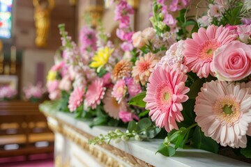 Obraz na płótnie Canvas Vibrant Floral Arrangement with Pink Gerberas Decor on Church Altar for a Wedding Ceremony