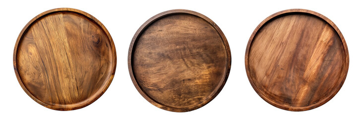 Round Wooden Trays Isolated on Transparent Background, Top View, A set of round wooden trays with a rich, natural grain, isolated on a transparent background