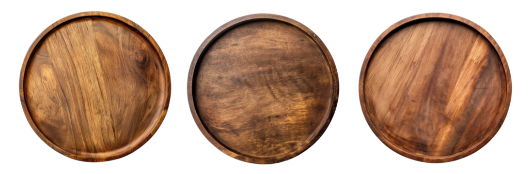 Round Wooden Trays Isolated on Transparent Background, Top View, A set of round wooden trays with a rich, natural grain, isolated on a transparent background