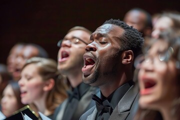 Obraz premium Diverse Choir Singing Passionately on Stage with Emotion and Musical Expression in Concert Performance