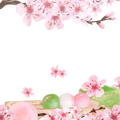 Hanami festival Template of Sakura branches andtradiional dessert japanese. Background in watercolor style. Hand drawn illustration