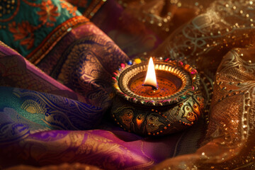 An artistic representation of a diya lamp with ornate henna designs, situated amidst traditional Indian fabrics and sparkling gold decor, symbolizing - obrazy, fototapety, plakaty