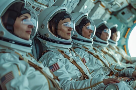 Professional Astronaut Team In Space Suits Sitting Inside Spacecraft Preparing For Launch, Portrait Of Determined Space Crew