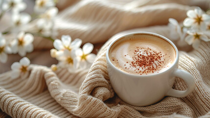 A cup of coffee with milk and spring flowers on textile fabric in pastel colors.