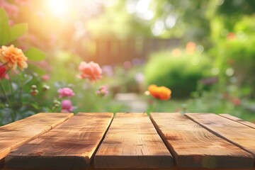 table and flowers on wooden background