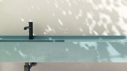Turquoise blue resin washbasin vanity counter top, black faucet in dappled sunlight, leaf foliage...