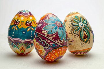 Vibrant Hand-Painted Easter Eggs With Traditional Patterns on a Soft White Background