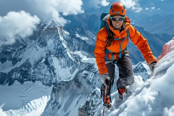 Female Mountaineer Climbing Snowy Peak with Ice Axe and Crampons, Experiencing Adventure in Extreme Winter Conditions - obrazy, fototapety, plakaty