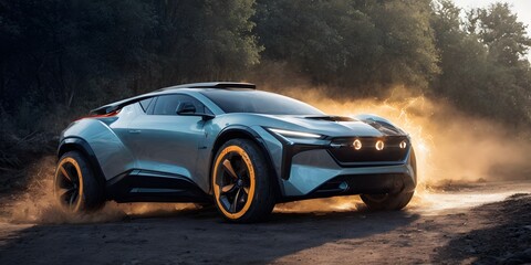 Fototapeta na wymiar A futuristic electric SUV painted in silver and blue makes its way through a dusty trail at dusk. The vehicle's advanced design promises a new era of transportation.