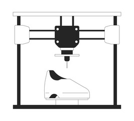Fototapeta na wymiar Footwear shoes on 3d printer black and white 2D line cartoon object. Additive manufacturing device isolated vector outline item. Technology three-dimensional monochromatic flat spot illustration