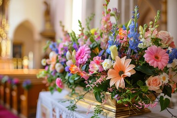 Vibrant Bouquet of Mixed Flowers on Decorative Stand in Elegant Church Interior