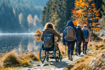 Group of Friends on Autumn Nature Walk by Lake with Person in Wheelchair - Inclusion and...