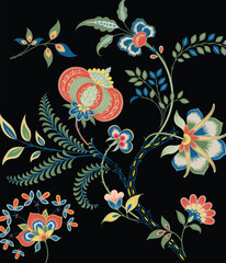 seamless pattern on autumn theme. Trendy print with cute embroidery of flowers and leaves
