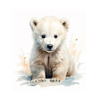 Cute little polar bear isolated on white background. Watercolor illustration