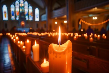 Illuminated Candle in Church Interior during Ceremony with Warm Glow and Soft Focus Background - obrazy, fototapety, plakaty