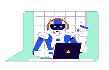 Chat bot at laptop 2D linear cartoon character. Robot consulting customers online isolated line vector personage white background. Artificial intelligence integration color flat spot illustration