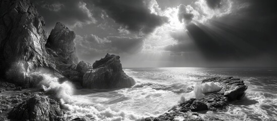 Serene Beauty Under Black and White: A Rocky Beach Landscape