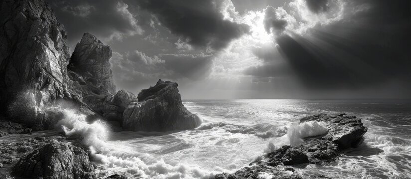 Serene Beauty Under Black and White: A Rocky Beach Landscape - Powered by Adobe