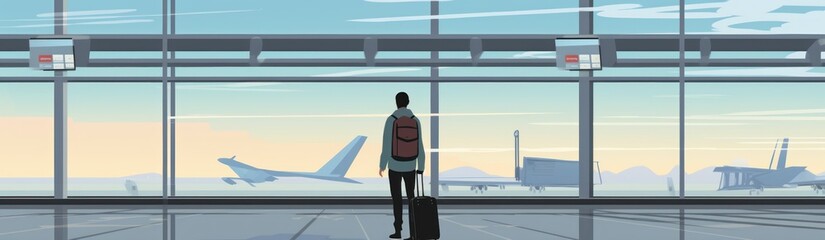 Airport terminal interior with passenger and airplane. 2d illustration. Flat style . Travel concept. Travelling. - obrazy, fototapety, plakaty