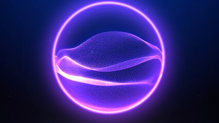 Abstract purple neon glowing sphere levitating in space. Core made of shining fractal moving waves. Single particles of energy flying by. Bright colors, digital futuristic hi-tech illustration.