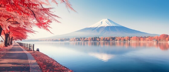 Panorama view of Mountain fuji in Japan during cherry blossom spring season - obrazy, fototapety, plakaty