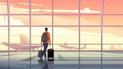 Man with a suitcase standing in an airport terminal. 2d illustration . Travel concept. Travelling.